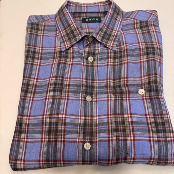 Orvis Men's 100% LINEN Button Down Shirt Short Sleeve Blue / Gray Plaid Sz L NEW - Picture 12 of 13